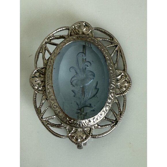 Vintage 30's Blue Glass Flower Intaglio Brooch Rhodium Plated - Picture 3 of 8